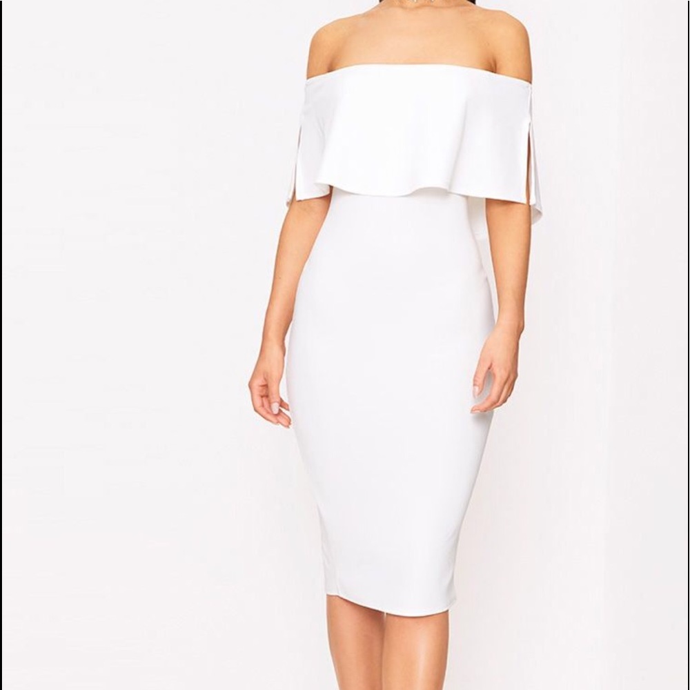 ✨SOLD✨White Bardot Frill Midi Dress